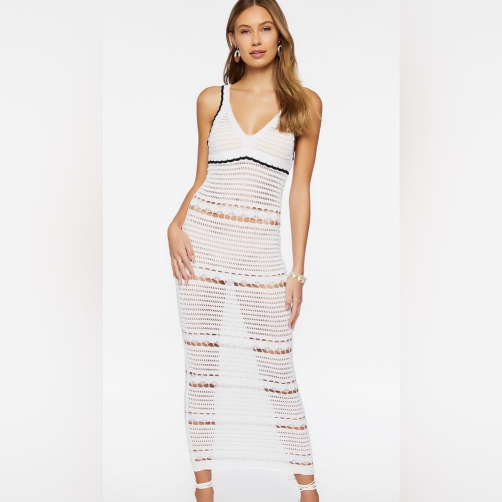 Forever 21 White Crochet Knit Maxi Coverup Beach Dress brand new size Small